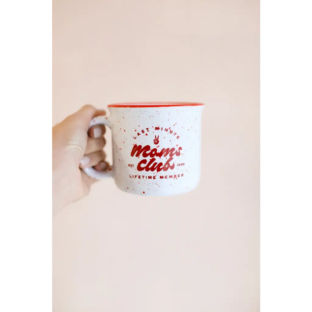 Moms Campfire Mug with red trim and speckled design for cozy coffee moments