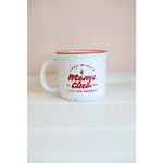 White ceramic Moms Campfire Mug with red trim and Present Club design. Perfect for cozy sips!