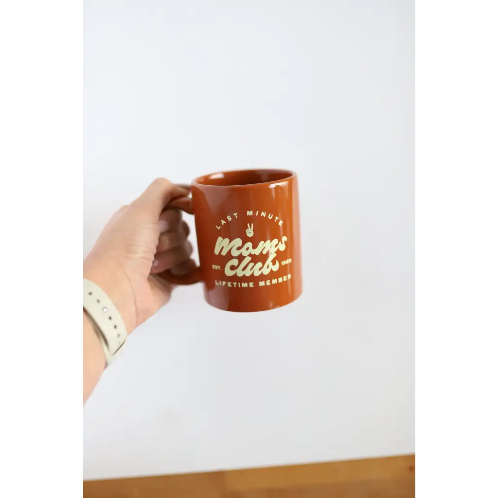 Brown ceramic mug with Messy Club text for Minute Moms Club 11oz coffee lovers