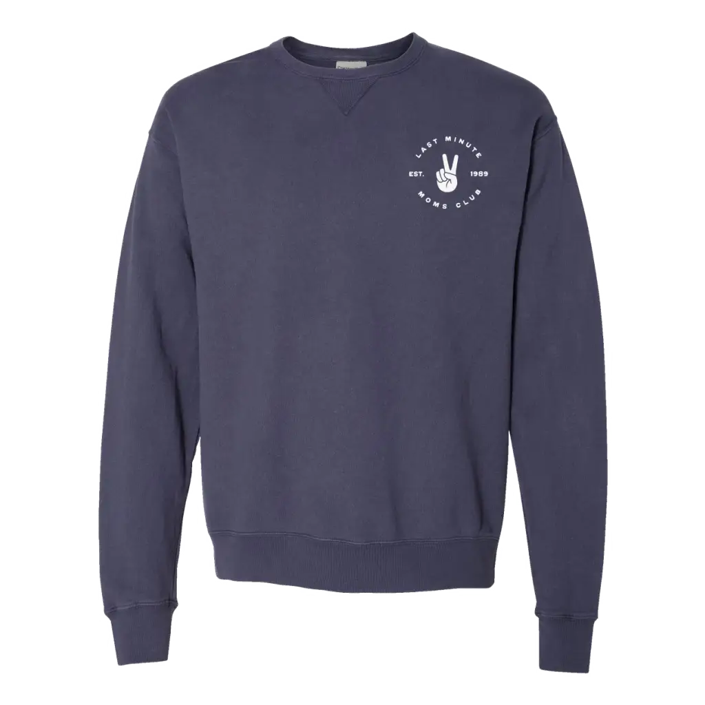 Navy crewneck sweatshirt with peace sign for Last Minute Moms Club members