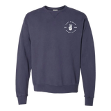 Navy crewneck sweatshirt with peace sign for Last Minute Moms Club members