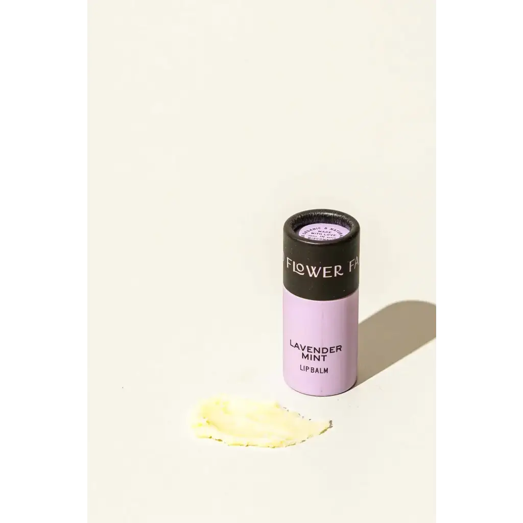 Lavender mint organic lip balm in sleek tube with polished prints
