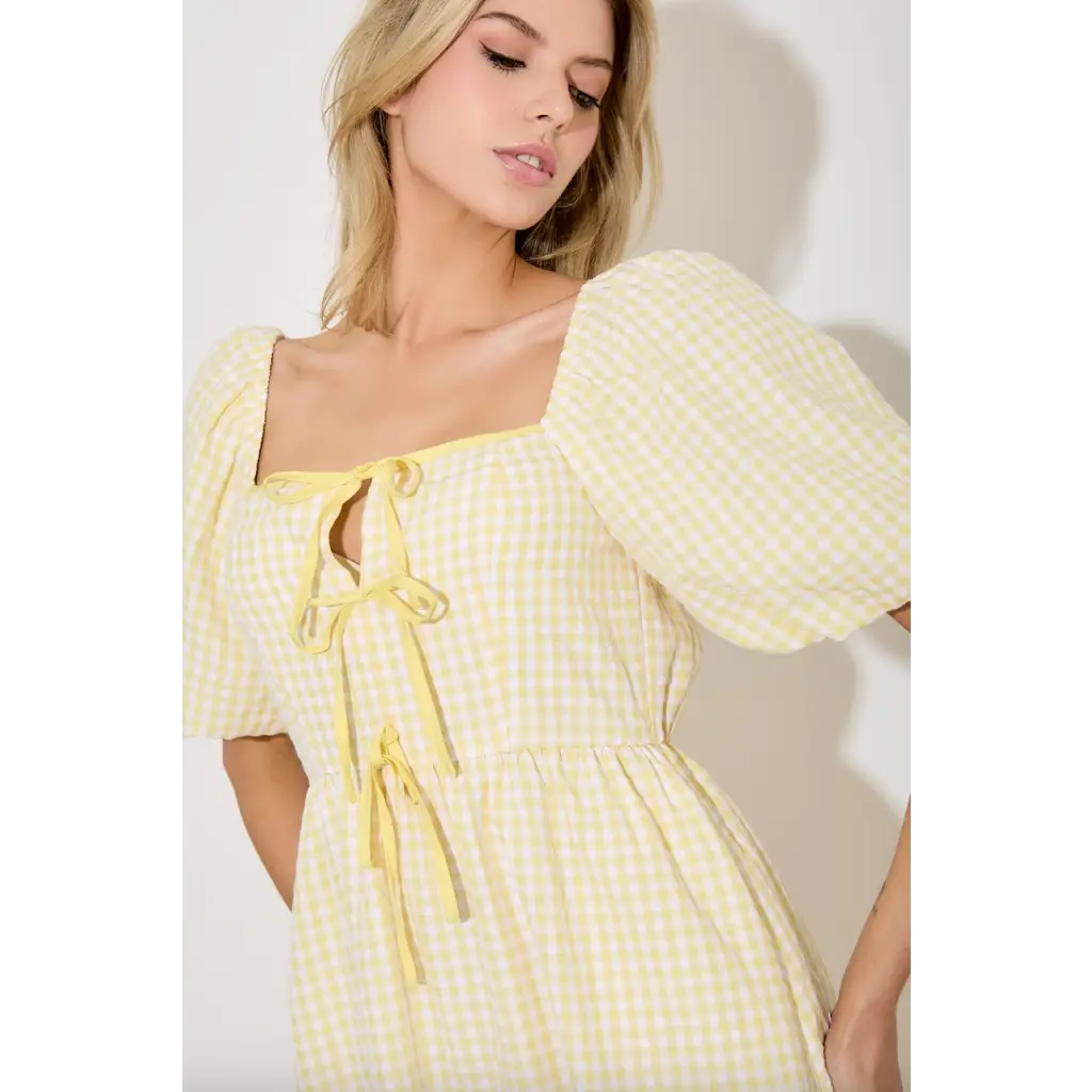 Yellow gingham dress with puff sleeves from Lemon Meadow Gingham collection
