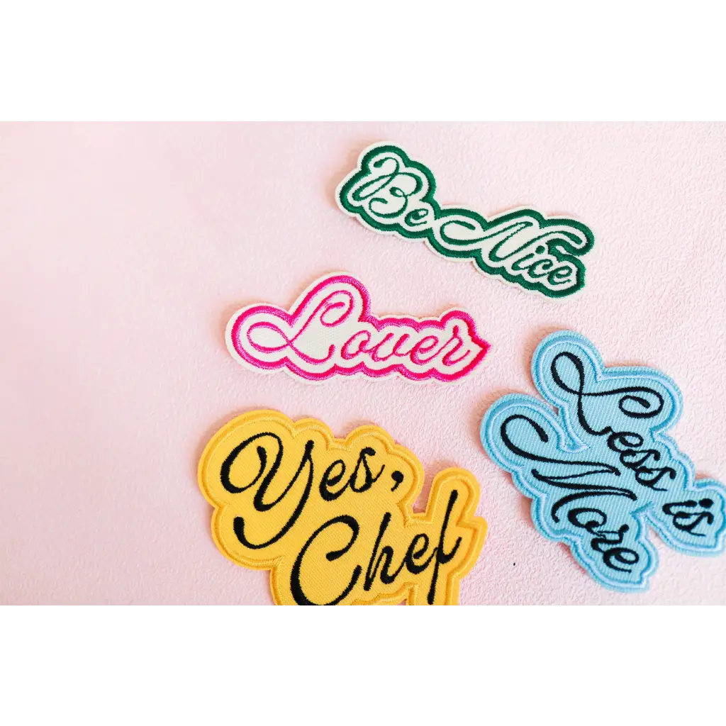 Colorful iron-on patches featuring fun phrases for stylish womens clothes inspiration