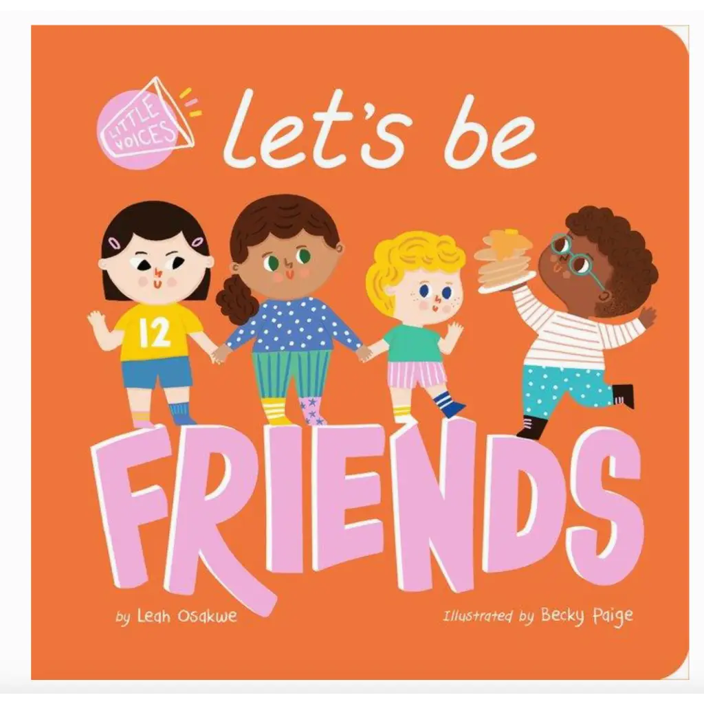 Colorful book cover of Let’s Be Friends showing diverse kids celebrating good friends