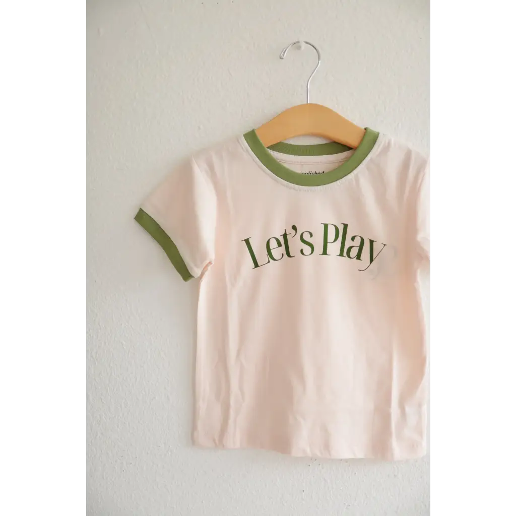 Kids Play Retro Ringer T-shirt with green trim and Let’s Play graphic for summer fun