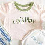 Kids Play Retro Ringer T-shirt in white with green Let’s Play text and trim