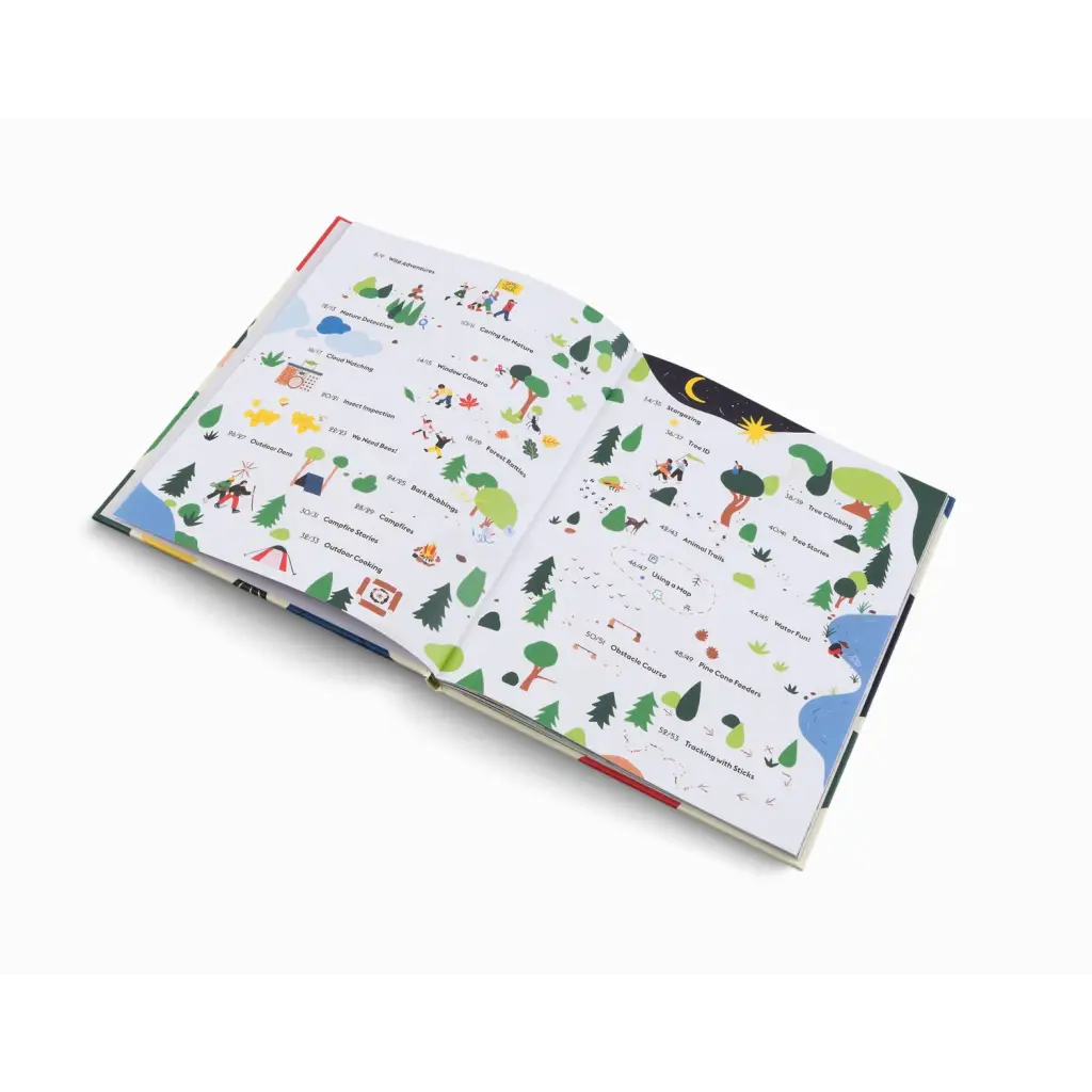 Open book with colorful prints that encourages children to play outdoors and explore nature