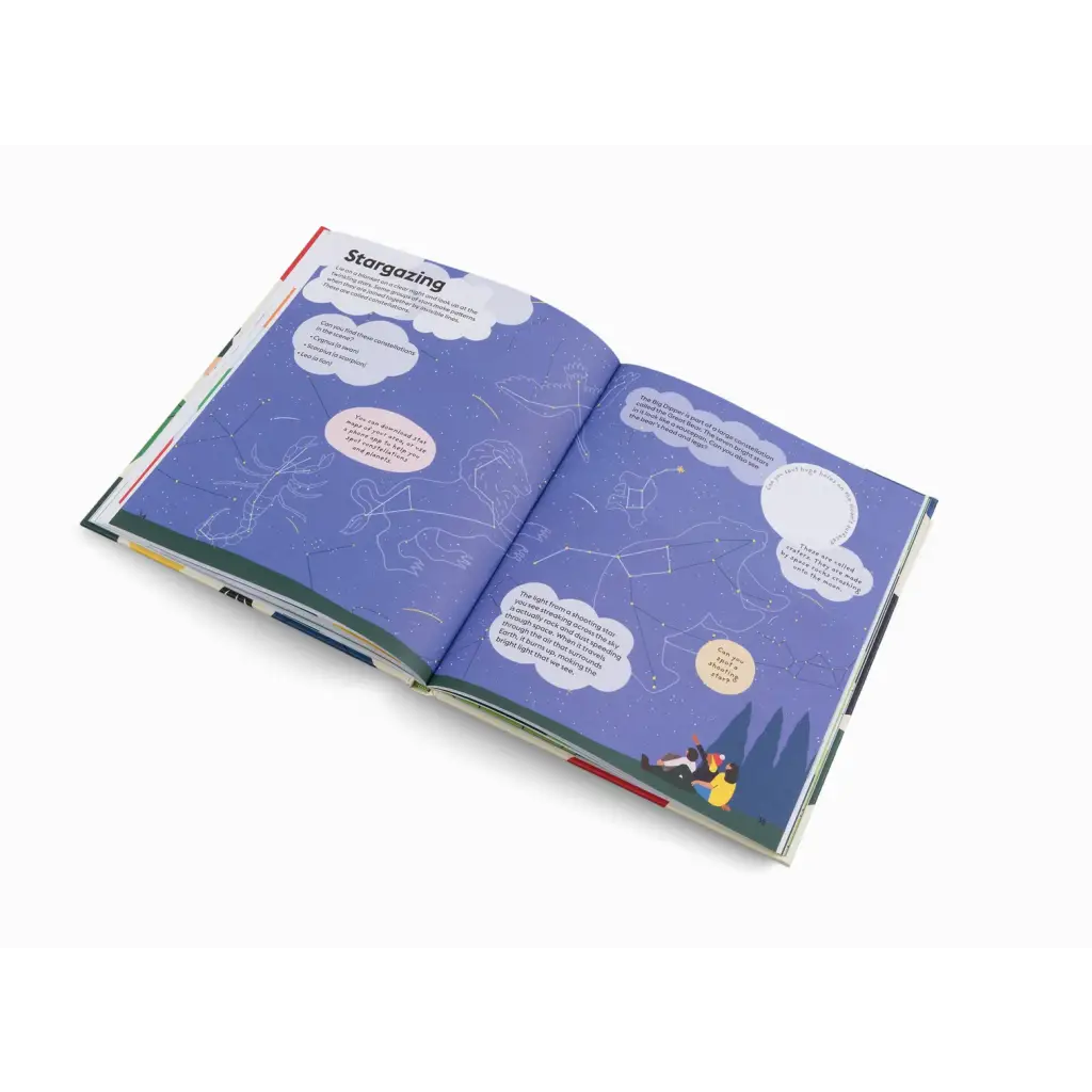 Open book with blue pages filled with speech bubbles and fun illustrations encourages children to play outdoors