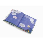 Open book with blue pages filled with speech bubbles and fun illustrations encourages children to play outdoors