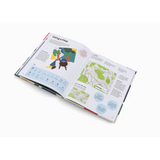 Open book with colorful illustrations and maps, encourages children to play outdoors