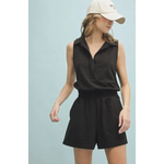 Black sleeveless Lexie Athletic Collared Romper with elastic waist and polished prints