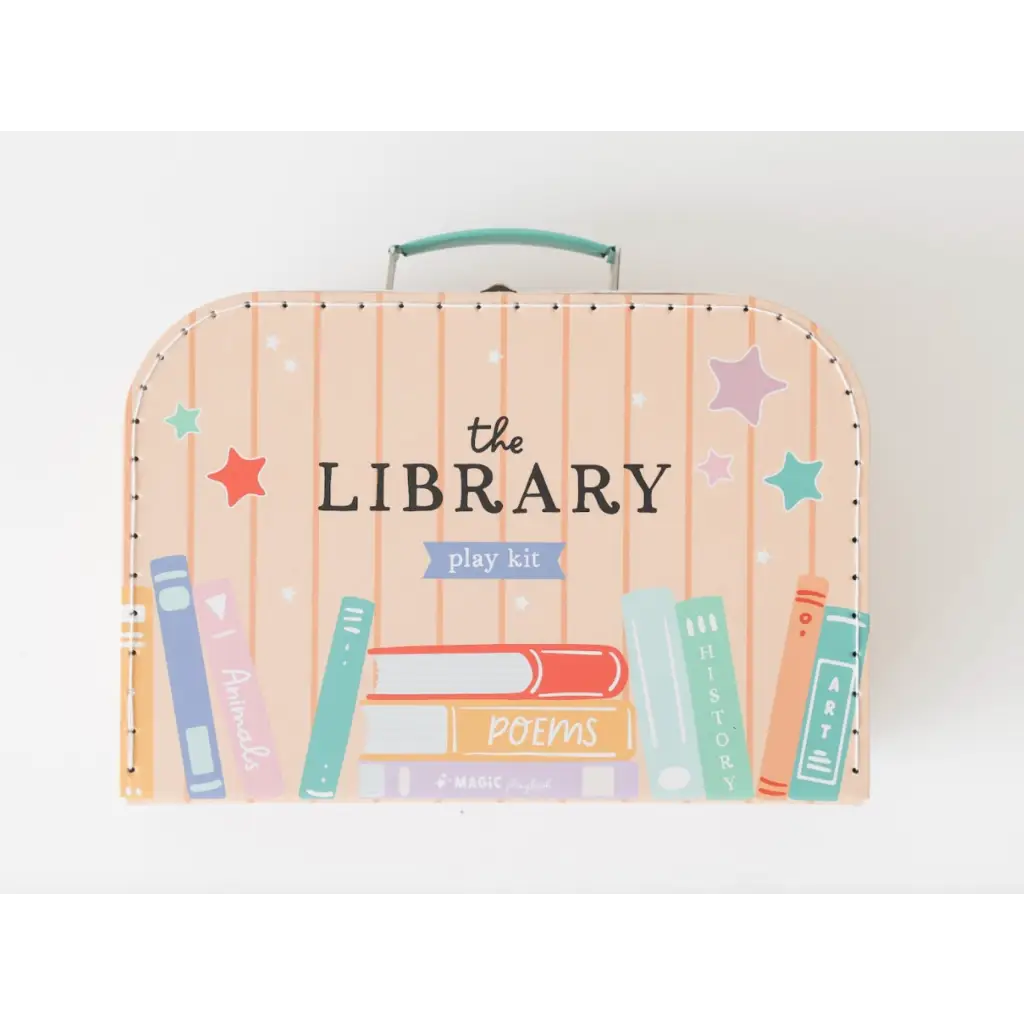 Peach suitcase with book designs for the Library Play Kit adventure fun