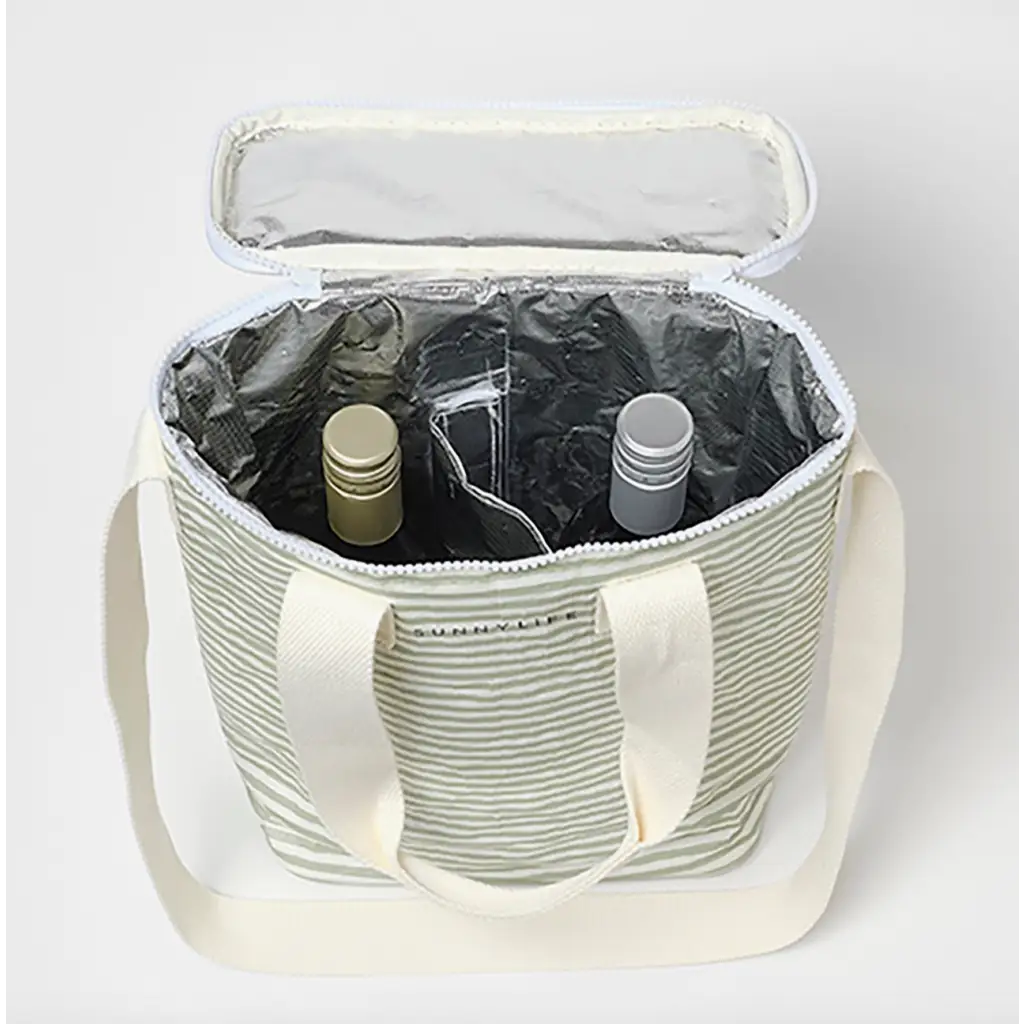 Striped insulated wine tote from Light Cooler Drinks Bag La Palma Sage Stripe