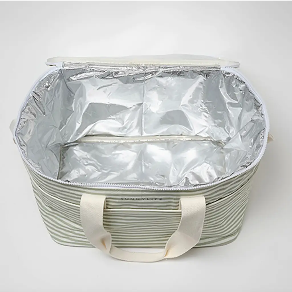 Open Light Cooler Shoulder Bag La Palma Sage Stripe showing insulated interior and polished prints