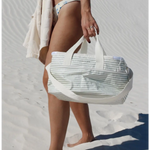 Striped beach bag with shoulder strap, perfect for stylish womens clothes and insulated interior