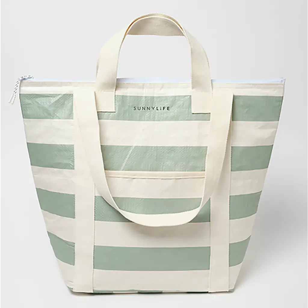 Stylish Light Cooler Tote La Palma Sage Stripe with insulated interior and polished prints