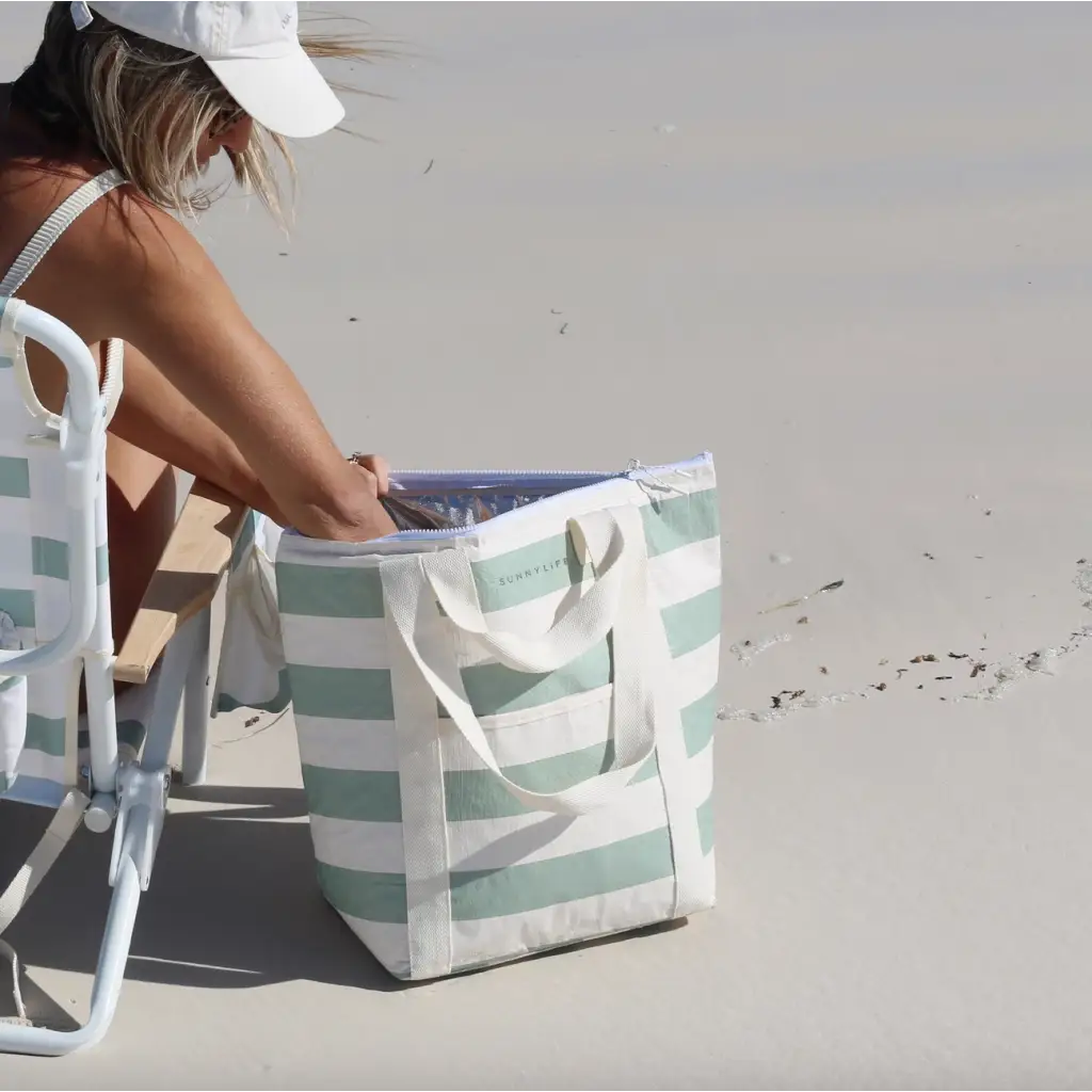 Light Cooler Tote La Palma Sage Stripe featuring a stylish design and insulated interior