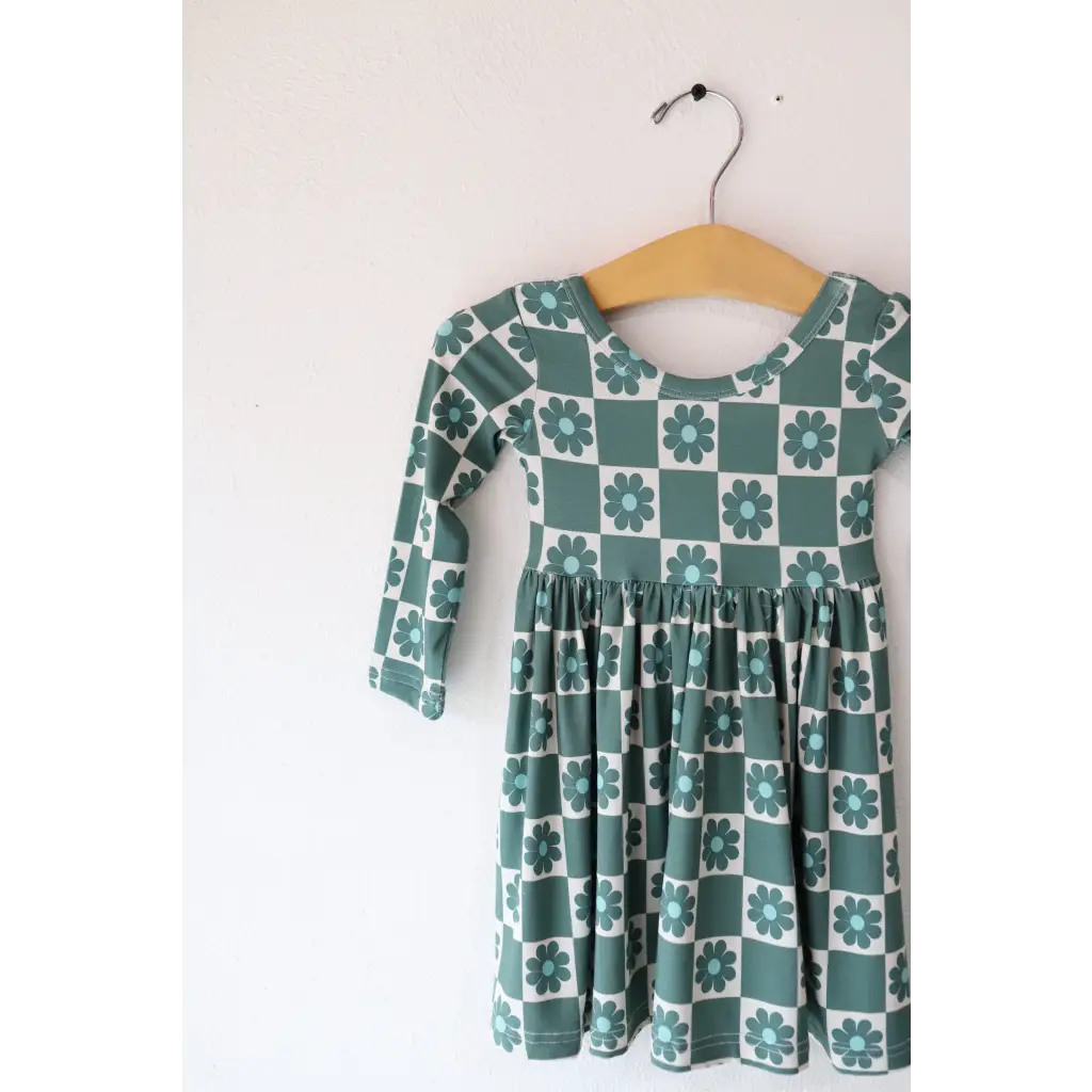 Green and white checkered long-sleeve dress on a hanger, perfect Lily Flower Check style