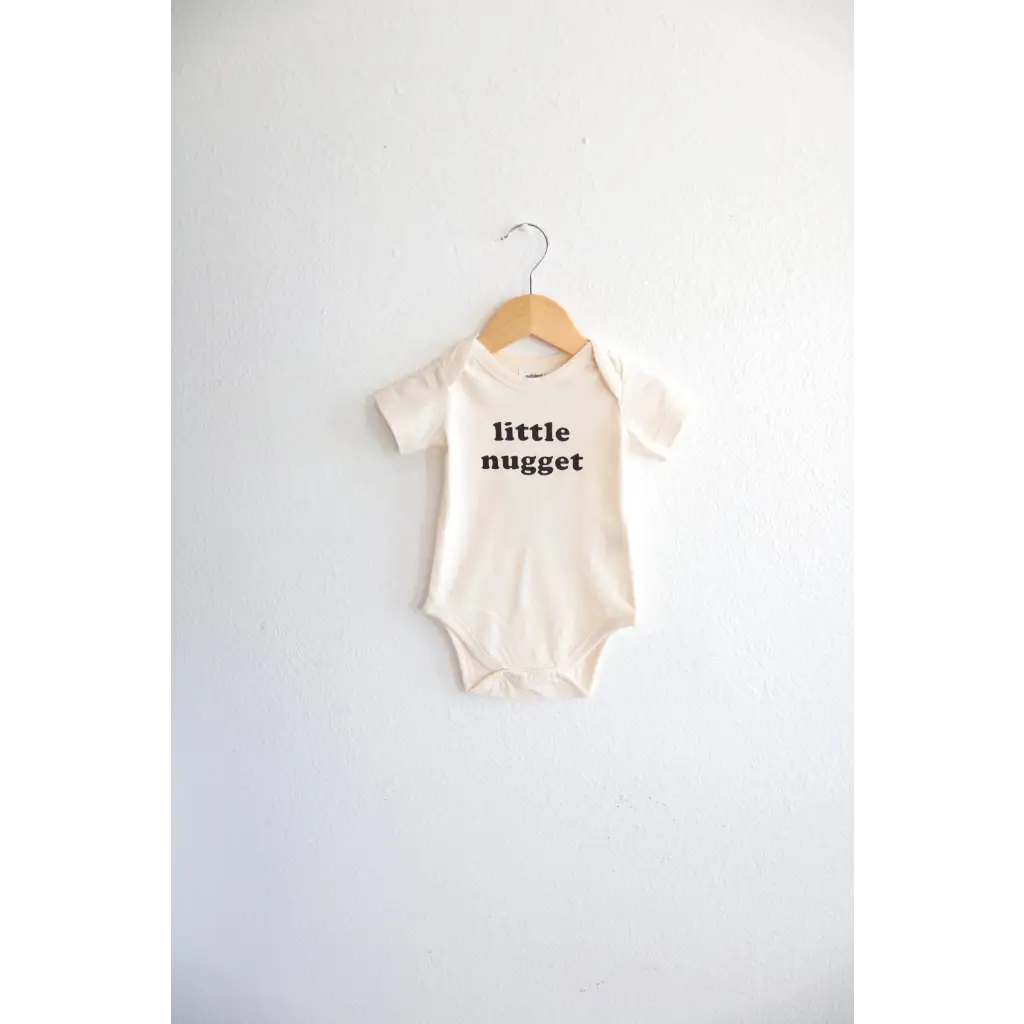 White Nugget Organic Cotton Onesie saying little nugget for your 3mo fits closer baby