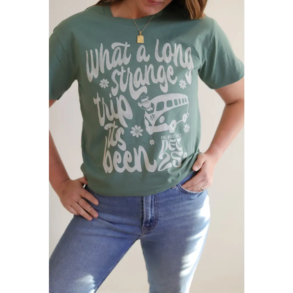 Sage green Grateful Dead song tee with VW van graphic, perfect for your favorite Grateful Dead vibe