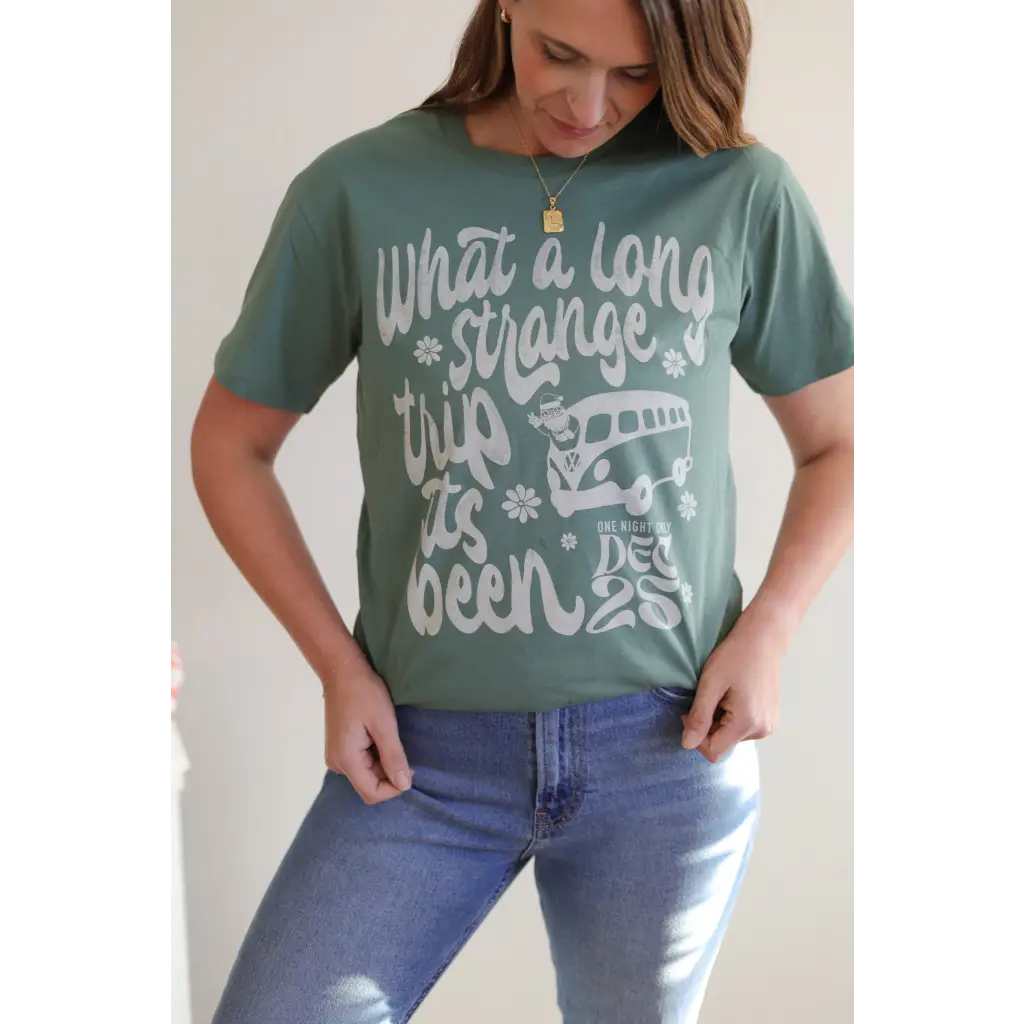 Sage green Grateful Dead song tee featuring classic VW bus graphic for fans