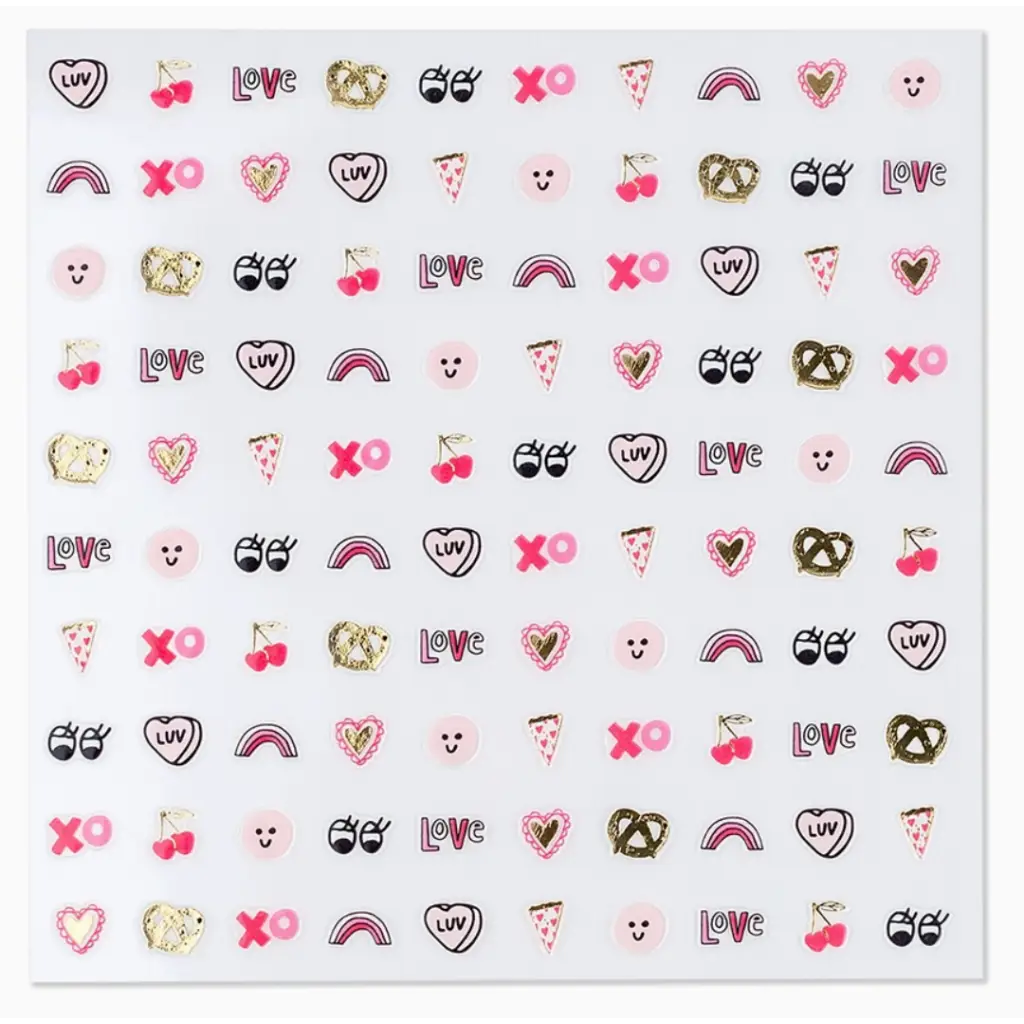 Cute Ooh La Love Nail Stickers with fun love notes doodles in pink, gold, and black