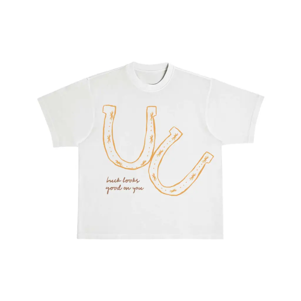 Luck Looks Good On You oversized unisex tee with orange horseshoe