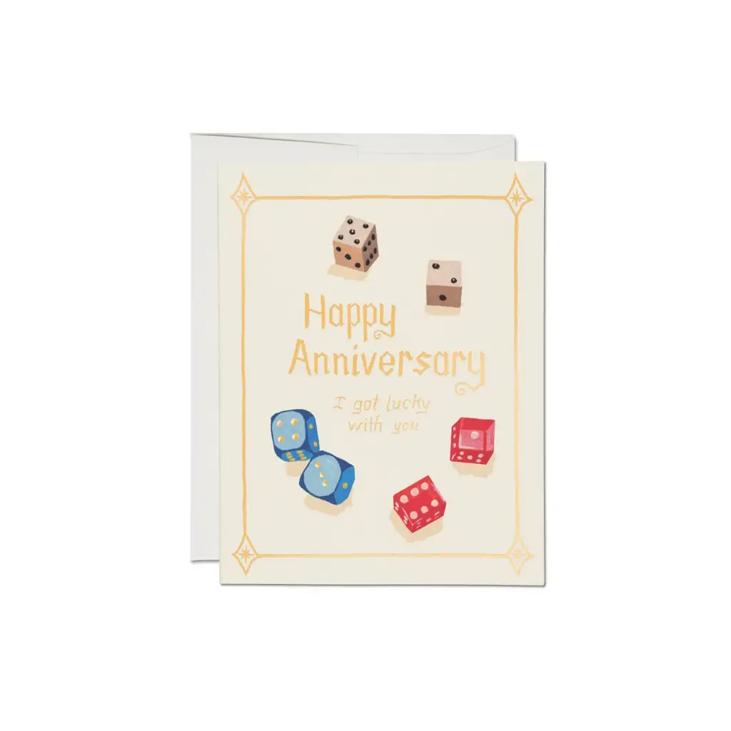 Lucky Dice anniversary greeting card with dice design, cream background, gold border