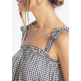 Black and white gingham Lucy Gingham Linen Blend Tie Shoulder Tank Top, perfect for stylish womens clothes