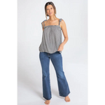 Woman in Lucy Gingham Linen Blend Tie Shoulder Tank Top, stylish womens clothes