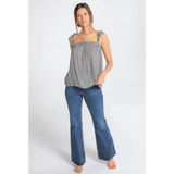Woman in Lucy Gingham Linen Blend Tie Shoulder Tank Top, stylish womens clothes
