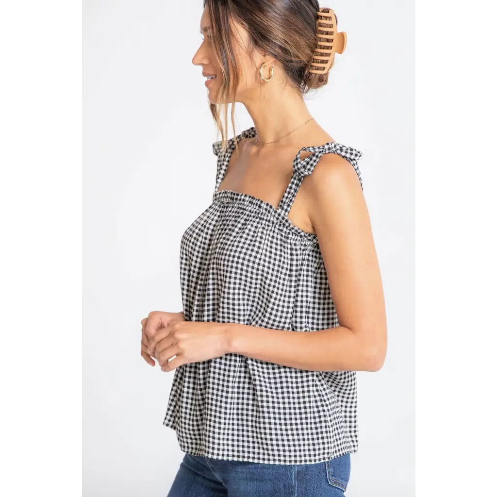 Black and white gingham tank top from Lucy Gingham Linen Blend Tie Shoulder Tank Top, perfect for stylish womens clothes and moms