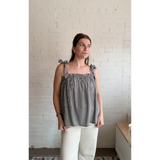 Lucy Gingham Linen Blend Tie Shoulder Tank Top with black and white gingham print