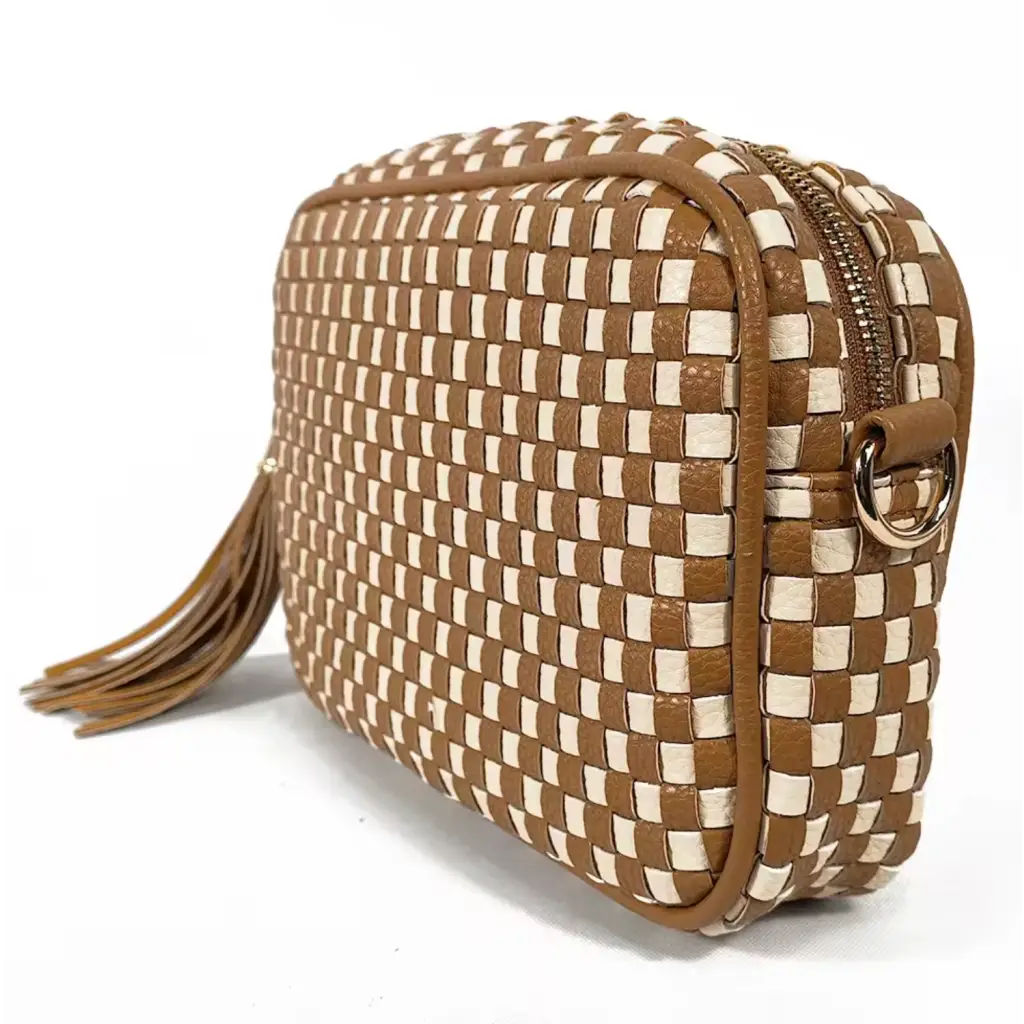 Woven brown and white checkered handbag with tassel pull, perfect woven camera bag