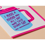 Funny pink and blue greeting card with coffee cup design, perfect for new moms, measures 5x7