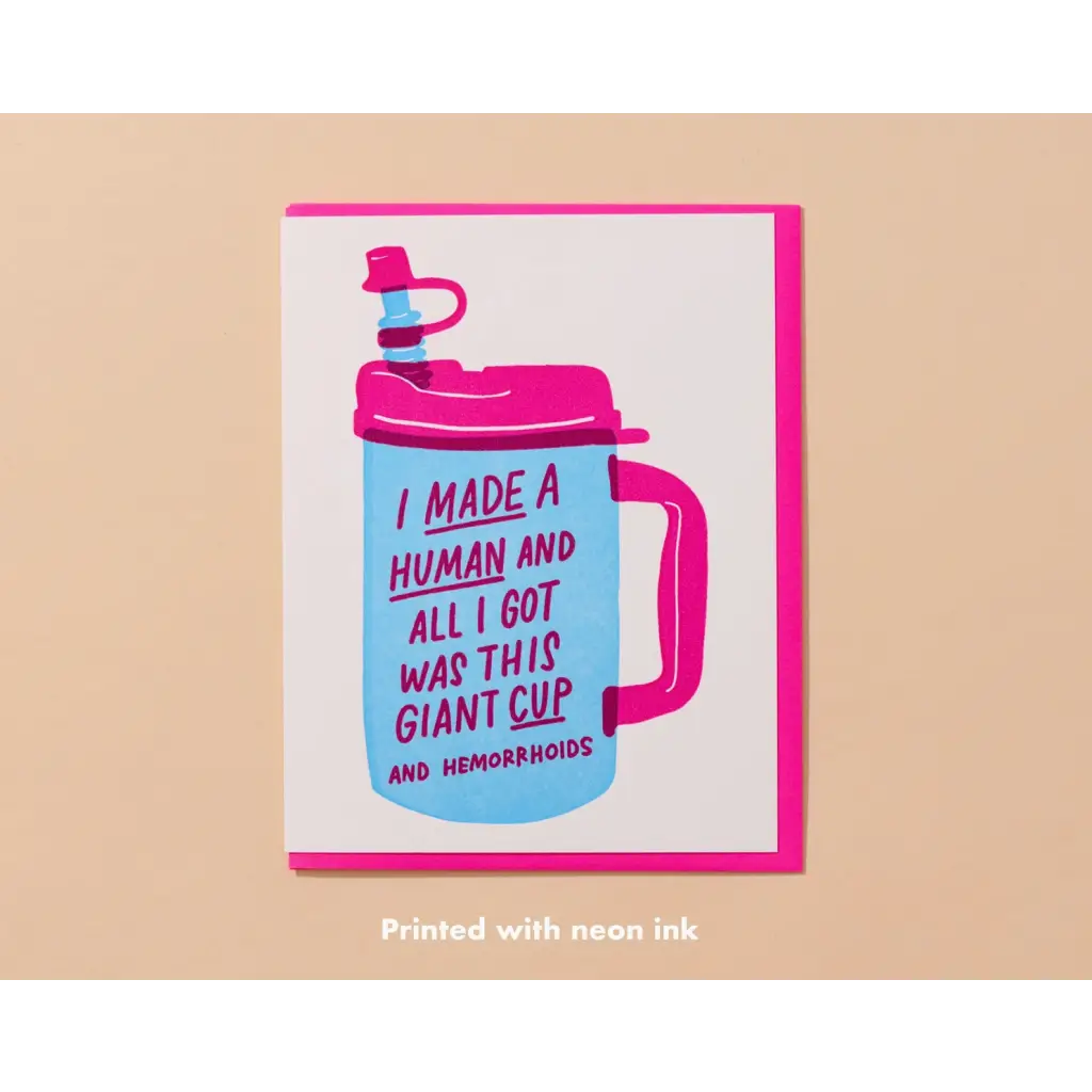 Pink and blue greeting card with a hospital water cup design and funny text for new moms