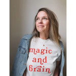 Woman wearing Magic & Brain Kate Baer T-Shirt with denim jacket, moon song vibe, final sale