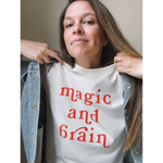 White T-shirt with red magic and brain text from Kate Baer’s Magic & Brain final sale