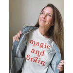 Woman in Magic & Brain Kate Baer T-Shirt with denim jacket, perfect for moon song fans