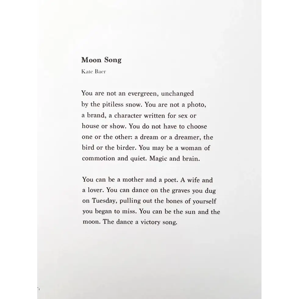 Moon Song poem in black on white paper from Kate Baer’s Peach Tee, final sale