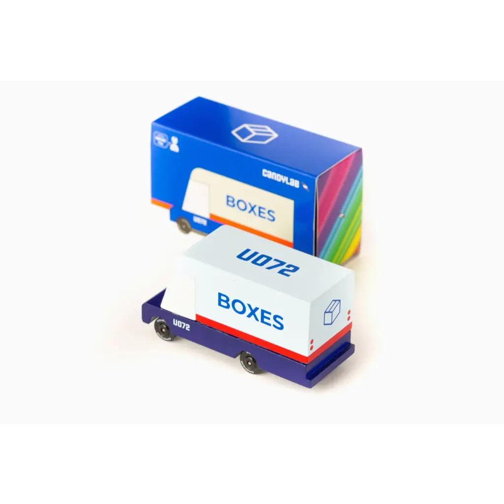 Blue and White Mail Van Toy with boxes for fun deliveries and bright blue packaging