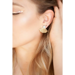 Gold fan earrings with pearl accents by Michelle Starbuck