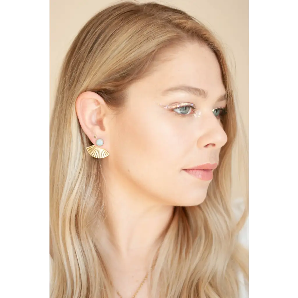 Michelle Starbuck gold pearl shell earrings with vintage brass