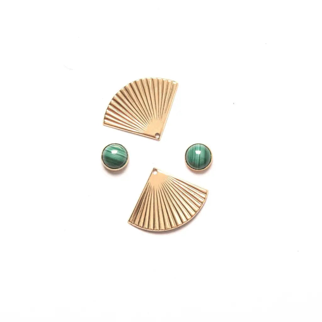 Michelle Starbuck gold sunburst malachite studs with vintage brass earrings