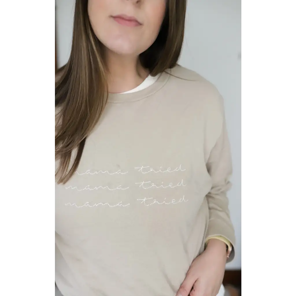 Beige Crewneck Sweatshirt made with organic cotton and chainstitch embroidered detail