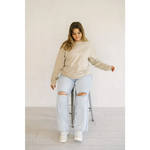 Beige Crewneck Sweatshirt with Chainstitch Embroidered Detail, organic cotton, and white sneakers