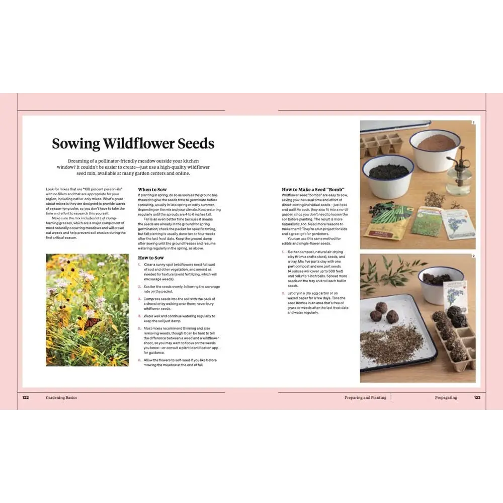 Martha Stewart gardening handbook with rustic tools and seeds