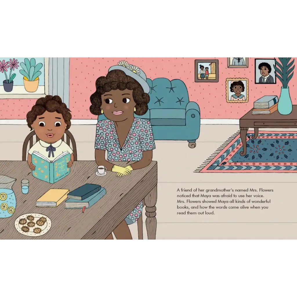 Child reading Maya Angelou book with adult at a cozy table of cookies and drinks