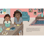 Child reading Maya Angelou book with adult at a cozy table of cookies and drinks